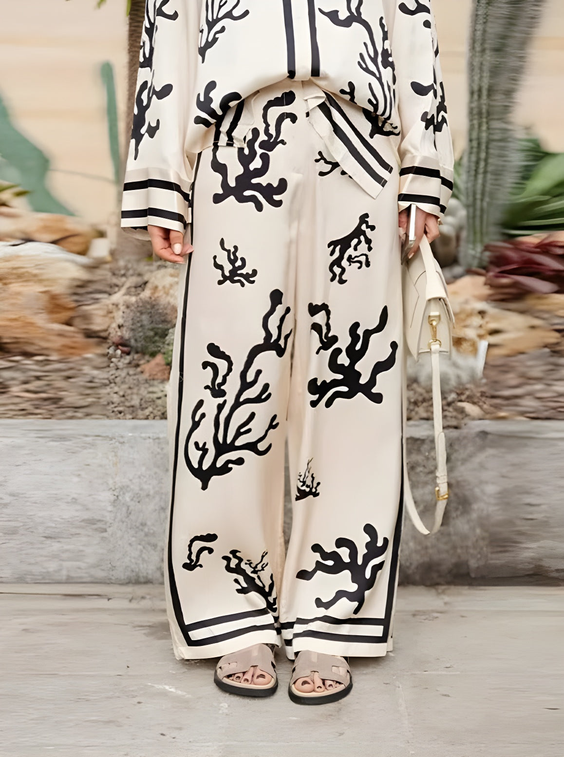 2 Pieces Casual Elegant Graphic Printed Pants & Loose Lapel Long Sleeve Blouse Set