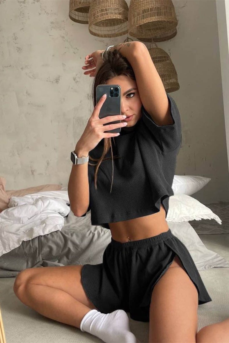 Casual Sexy Round Neck Crop Top and Shorts Set