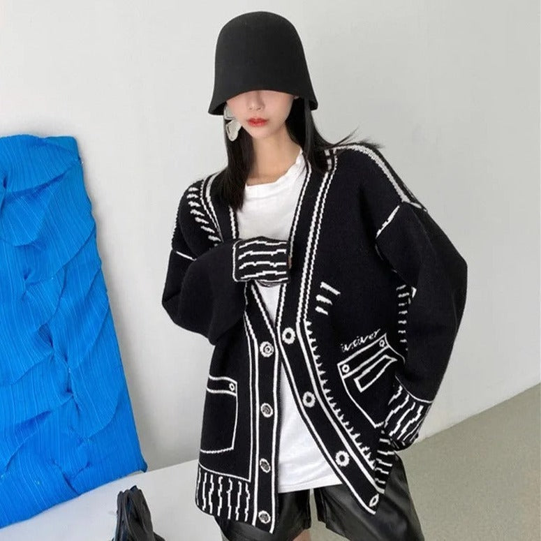 Loose Streetwear Y2K Graphic Printed Long Sleeves V-Neck Cardigan