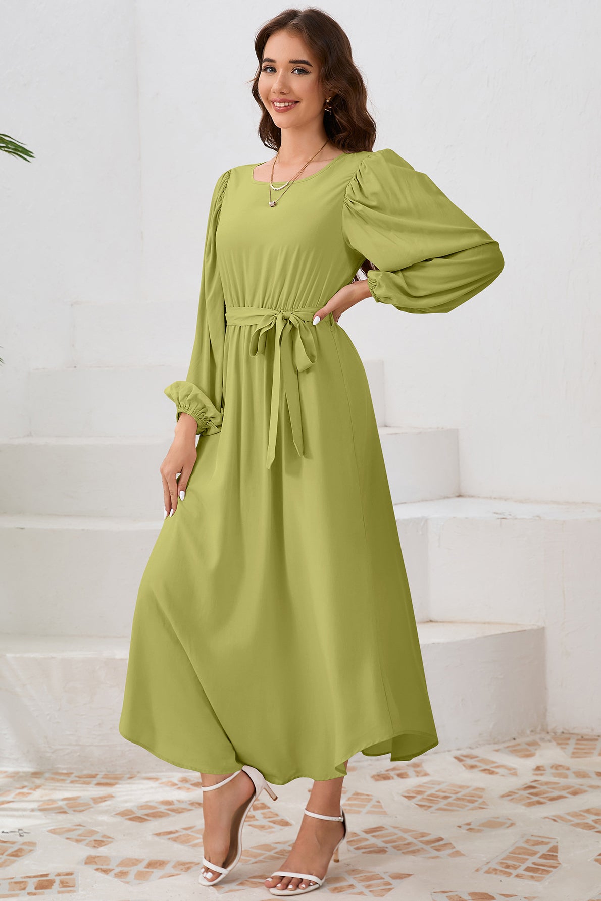 Elegant Tie Waist Long Sleeve Maxi Dress