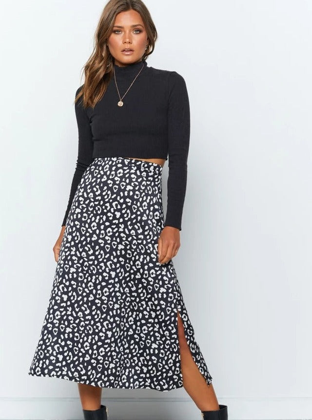 Leopard Print Chiffon High Waist Slit Skirt