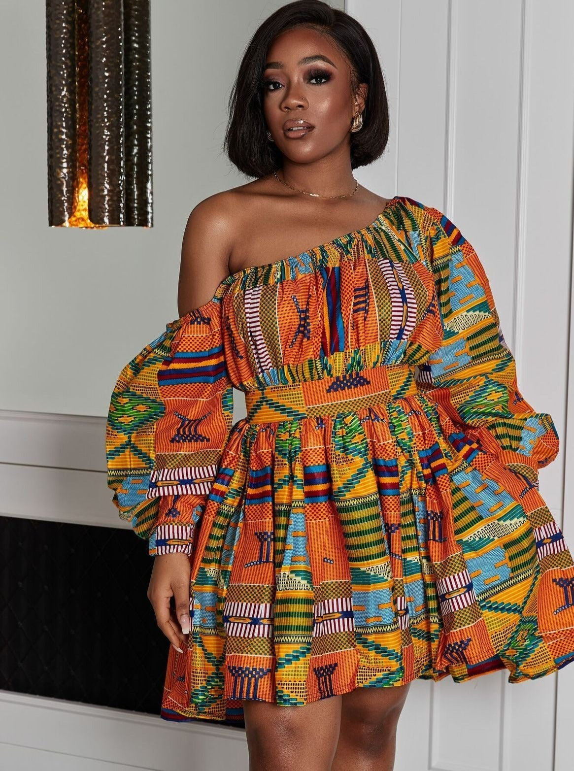 Off Shoulder Long Sleeve Abstract Printed Flared Dress