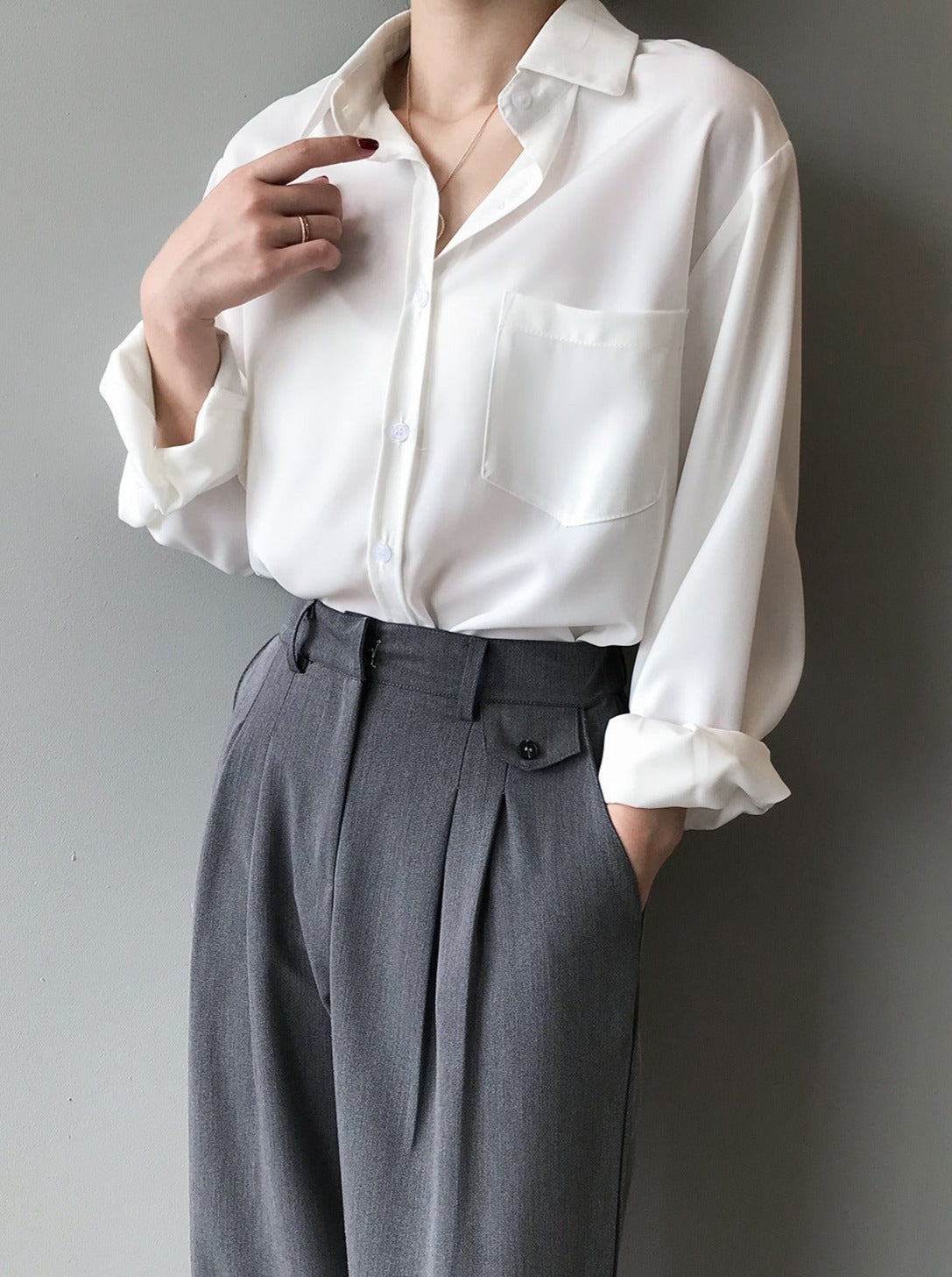 White Long Sleeve Lapel Shirt