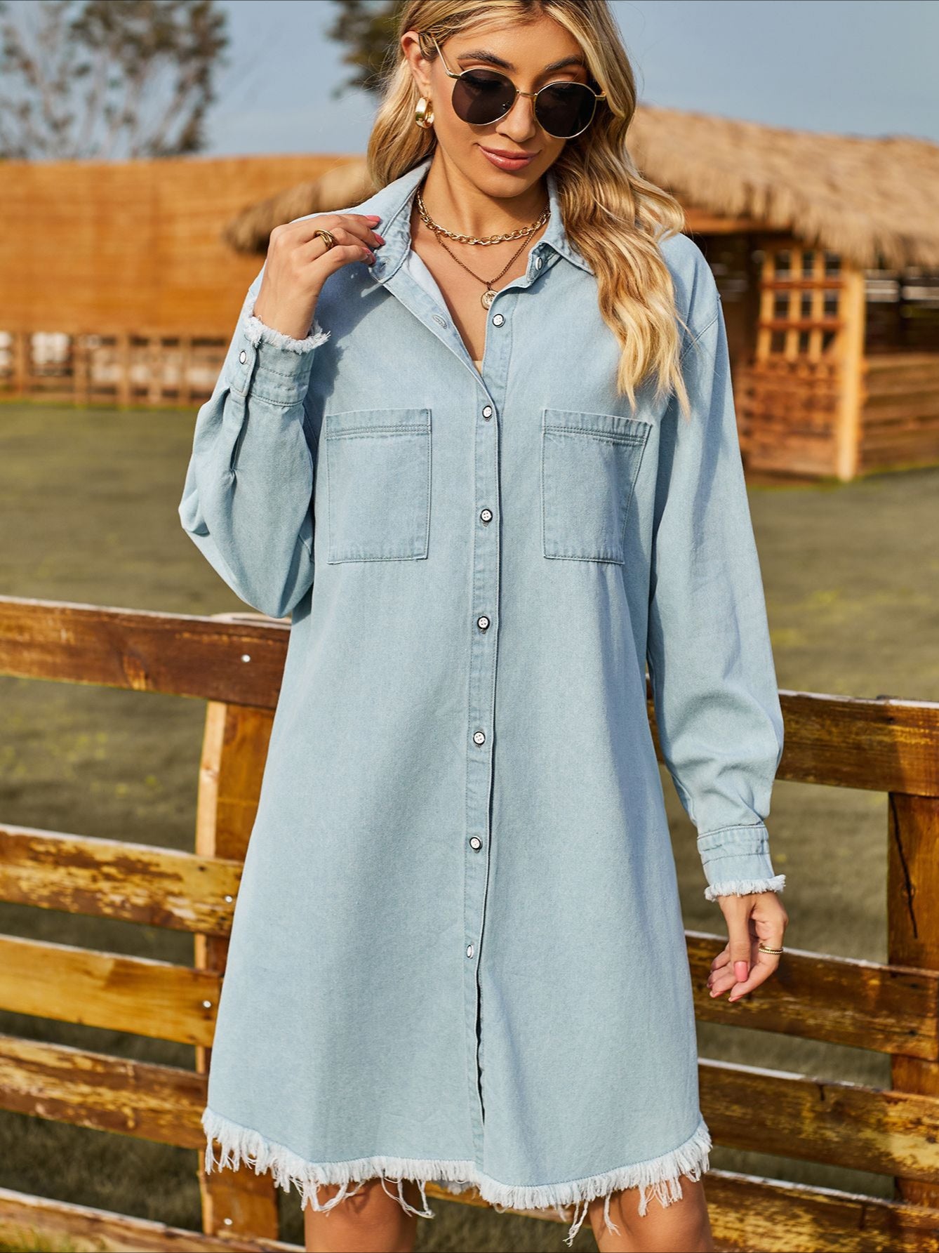 Fringed Hem Denim Shirt Dress