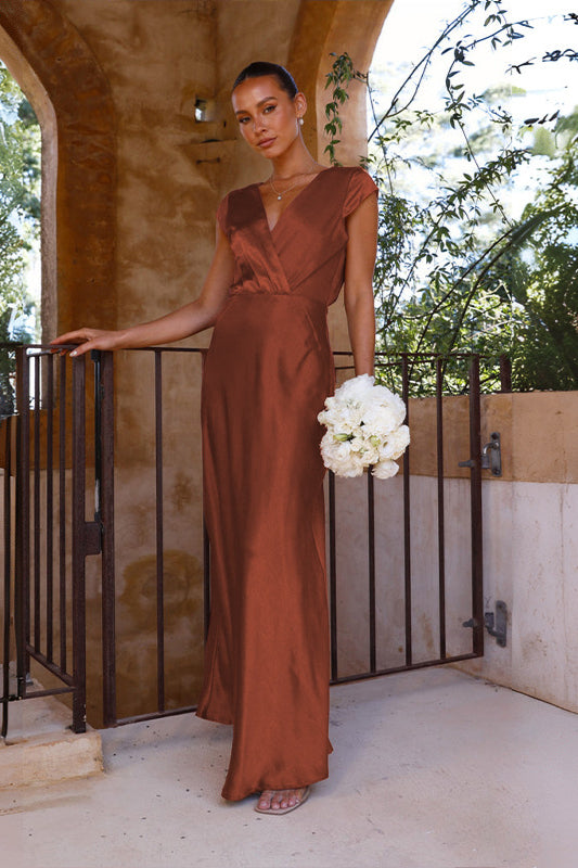 Luxurious long evening maxi dress brown satin wrap wedding outfit