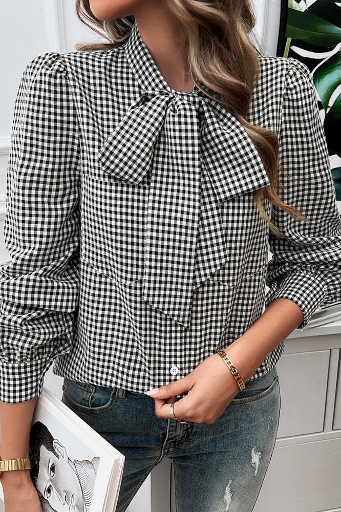 Gingham Blouse with Bow Tie Collar