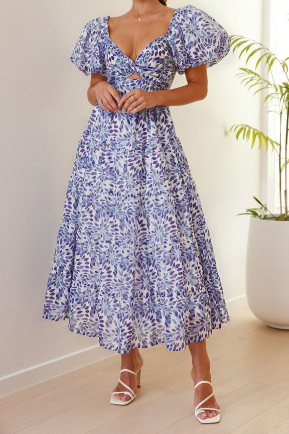 Floral Puff Sleeve Midi Dress in Blue and White