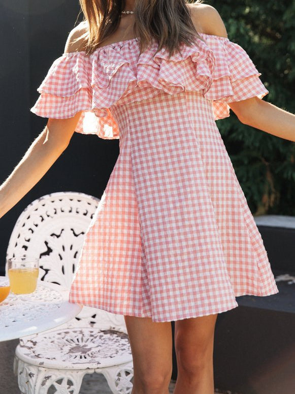 Plaid Off Shoulder Leaf Collar Dress