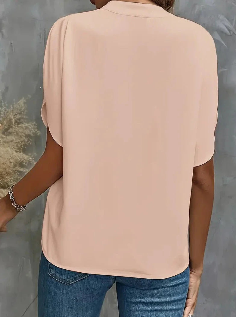 Elegant Short Sleeve Deep Notch V Neck Blouse