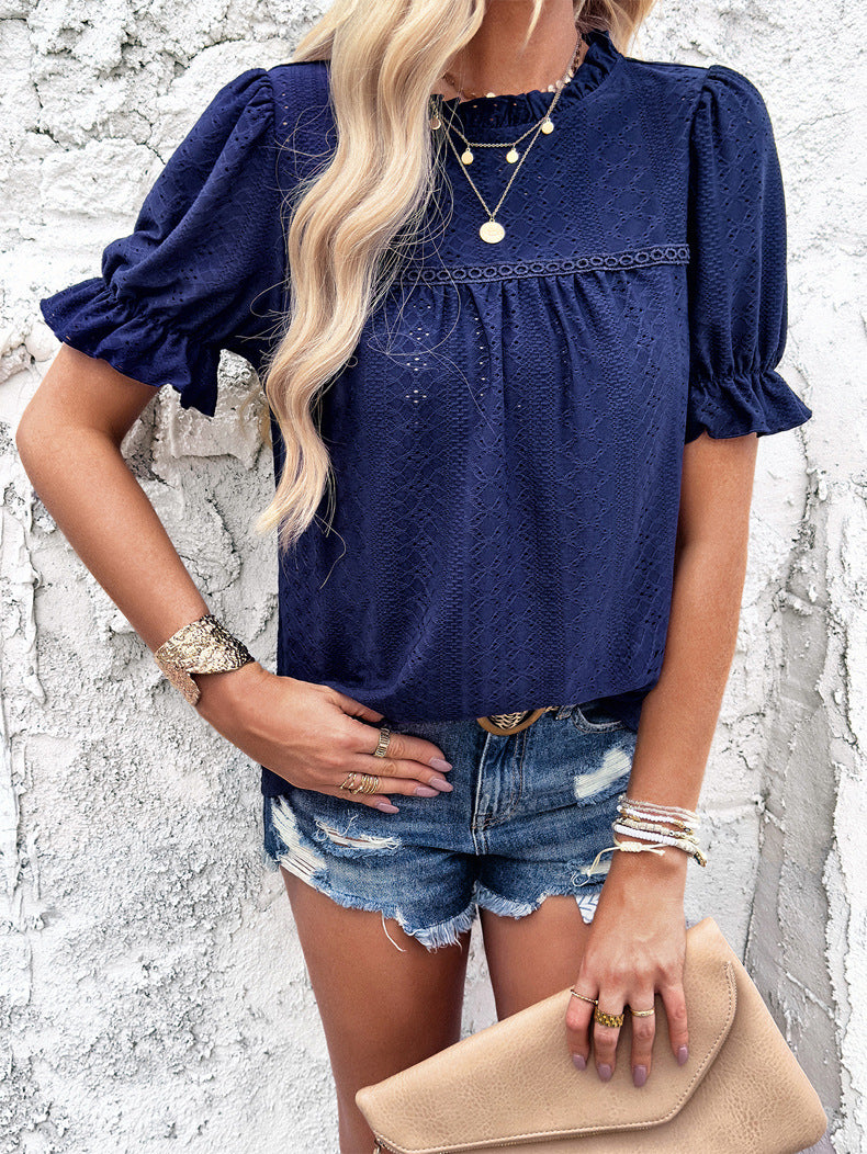 Casual Short Sleeved Blue Hollow Blouse