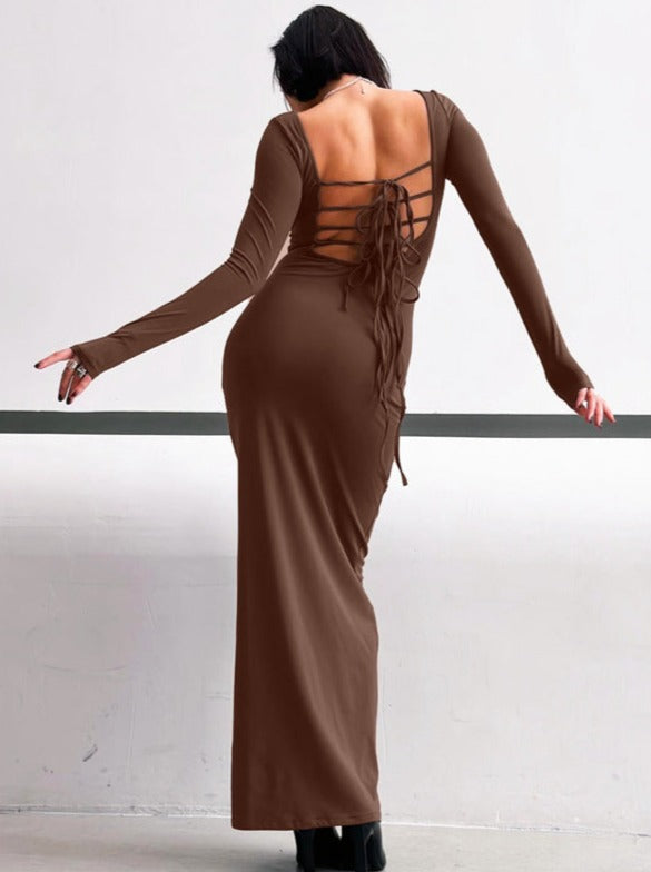 Solid Color Long Sleeve Tie Back Maxi Dress