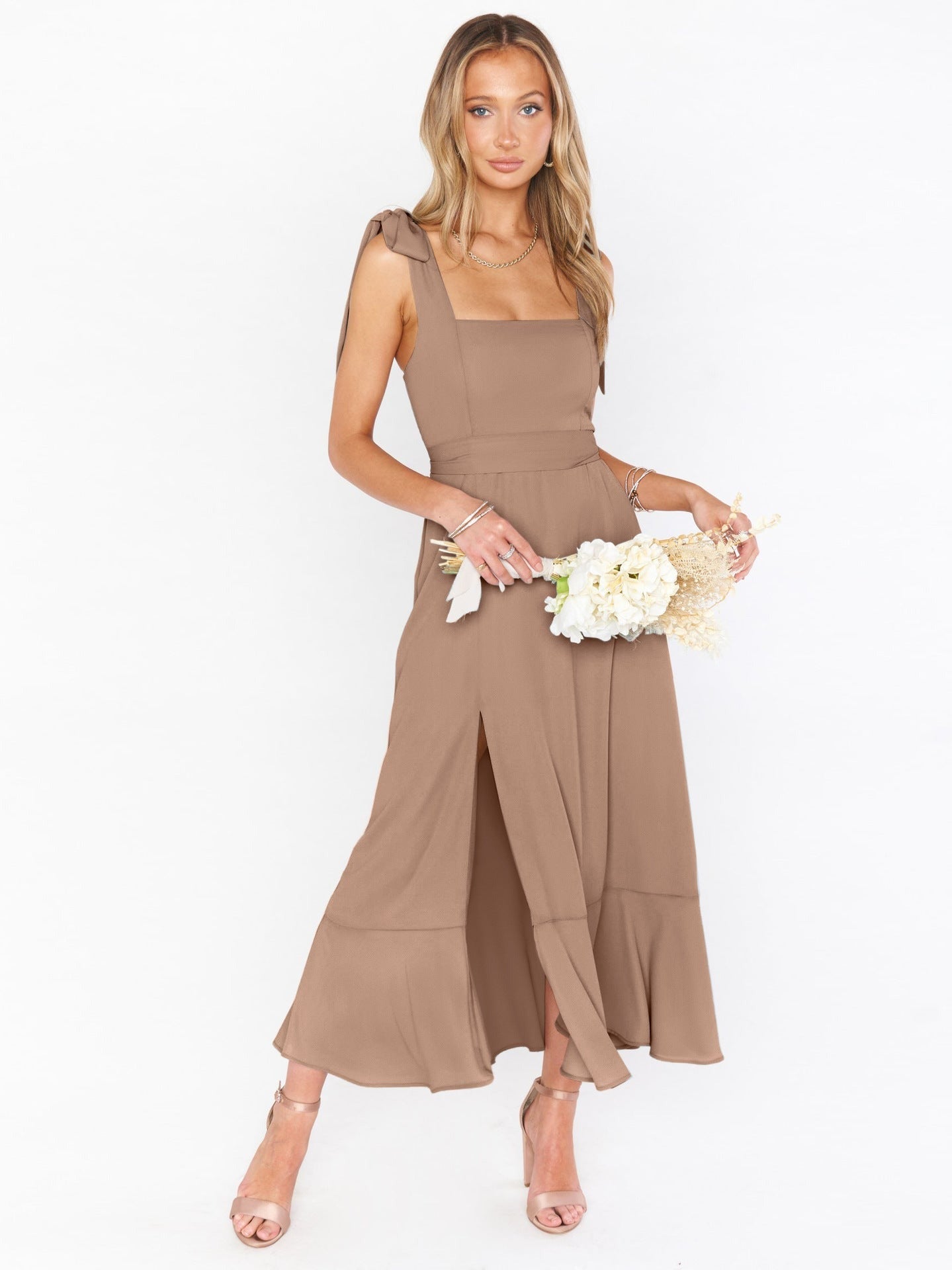 Sommerkleider Midi Braun Schleife Elegant Leinen Maxi mit Schlitz