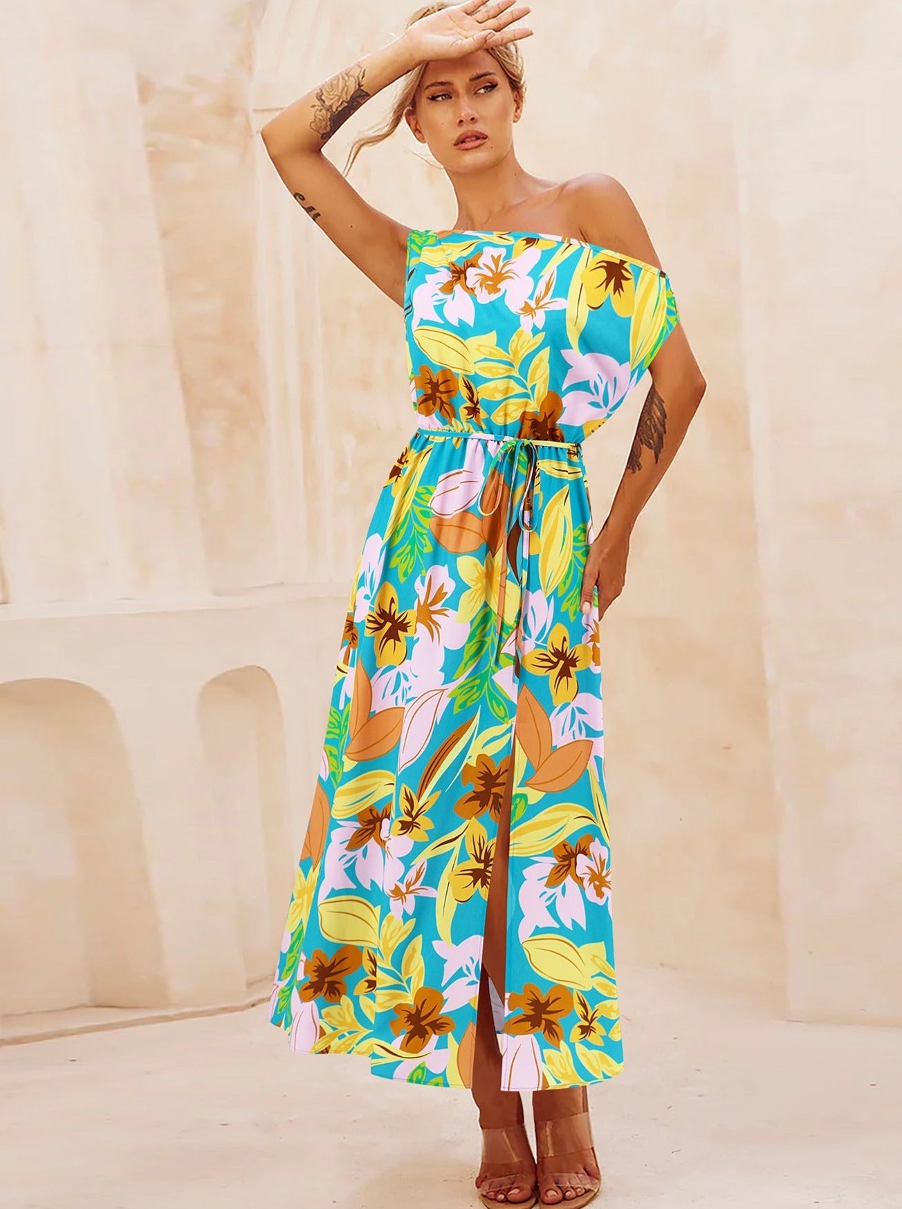 Floral Print Slant Shoulder Belted Long Dress