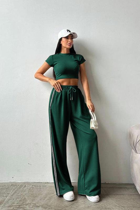 Sporty Short Sleeve Crop Top and Pants Set