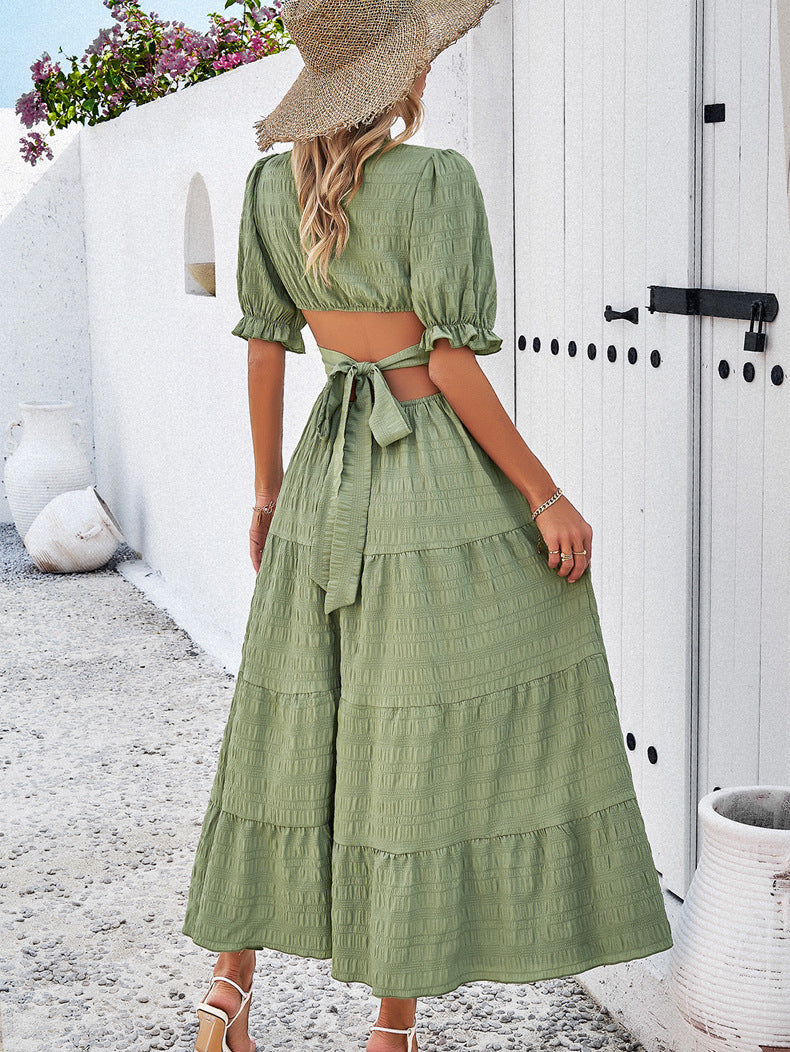 Army Green V-Neck Tie Waist Layered Dress