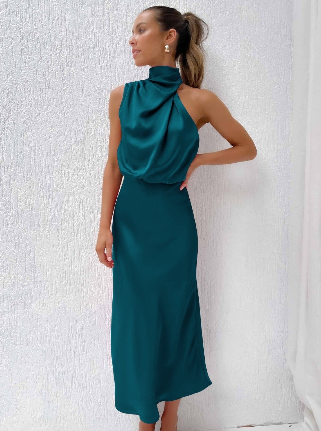 Abendkleid Damen Lang - Satin Neckholder Kleid Elegantes Cocktailkleid für Partys

