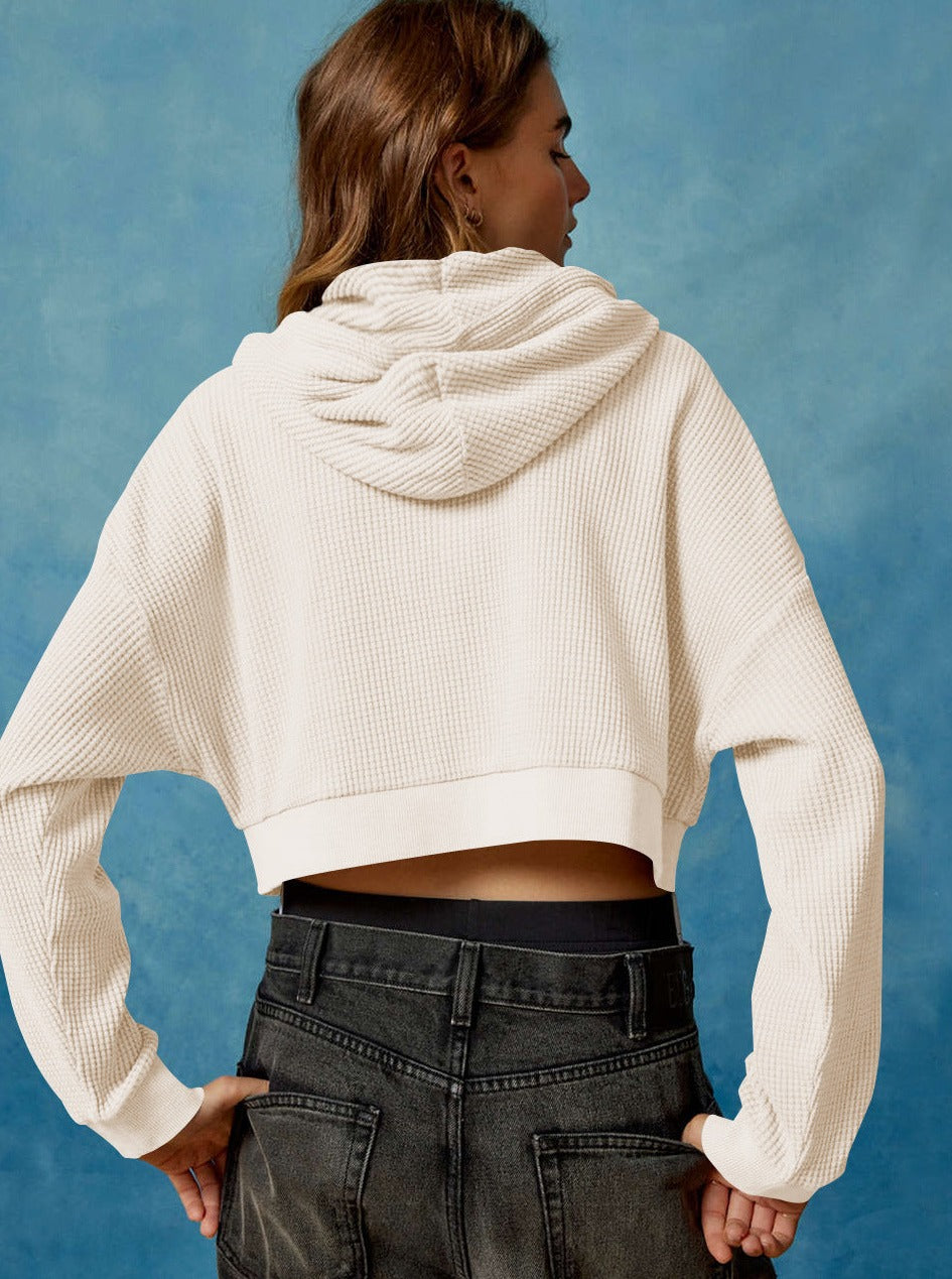 Solid Plain White Waffle Knit Zip Up Hoodie