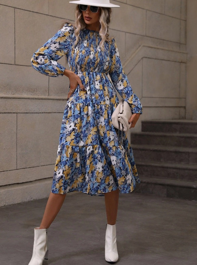 Floral Printed Lantern Sleeve Flared Dress