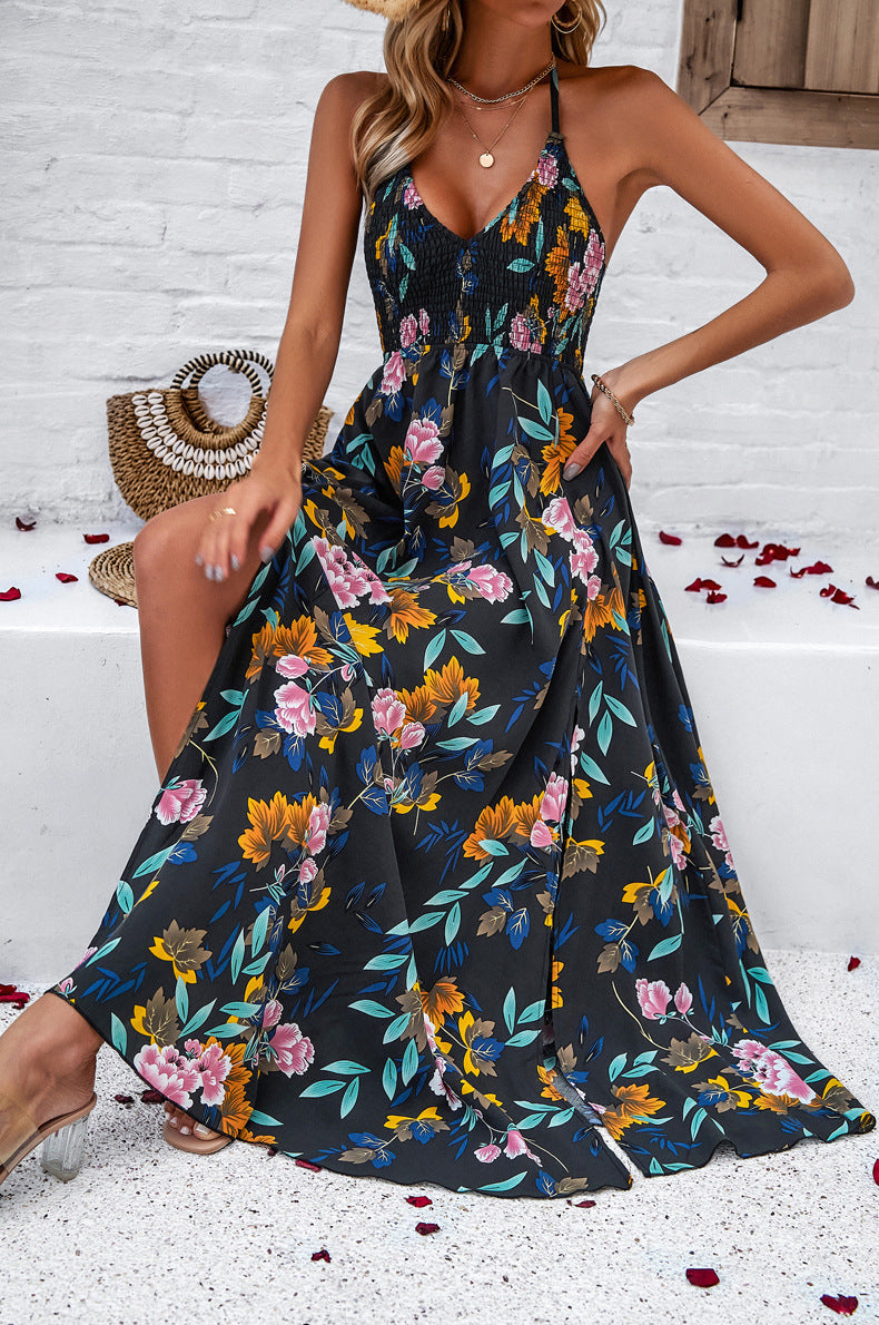 Classy V-Neck Halter Floral Maxi Dress