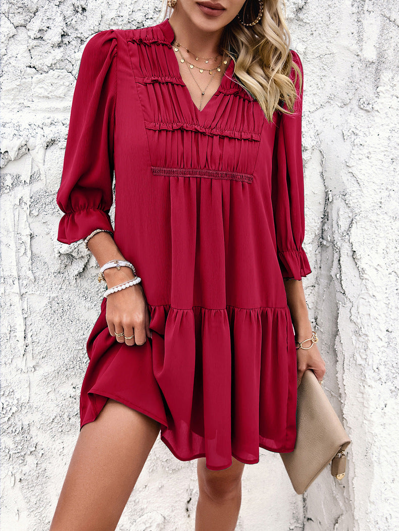 V-Neck Solid Red Color Half Sleeve Dress