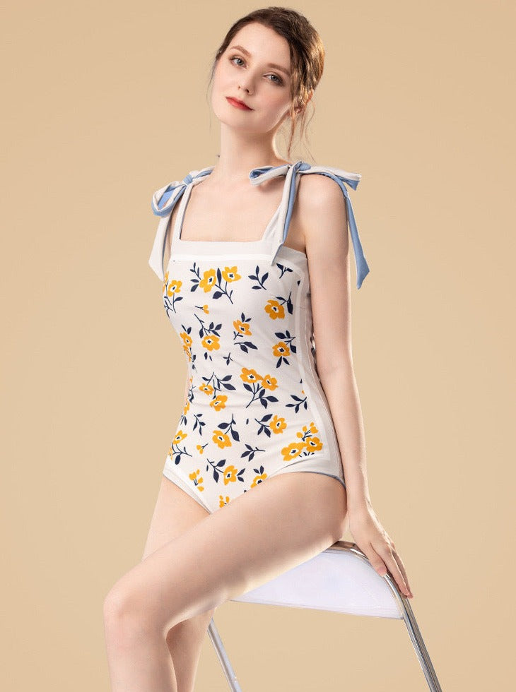 Blue Floral Printed Ribbon Shouldered Swimsuit