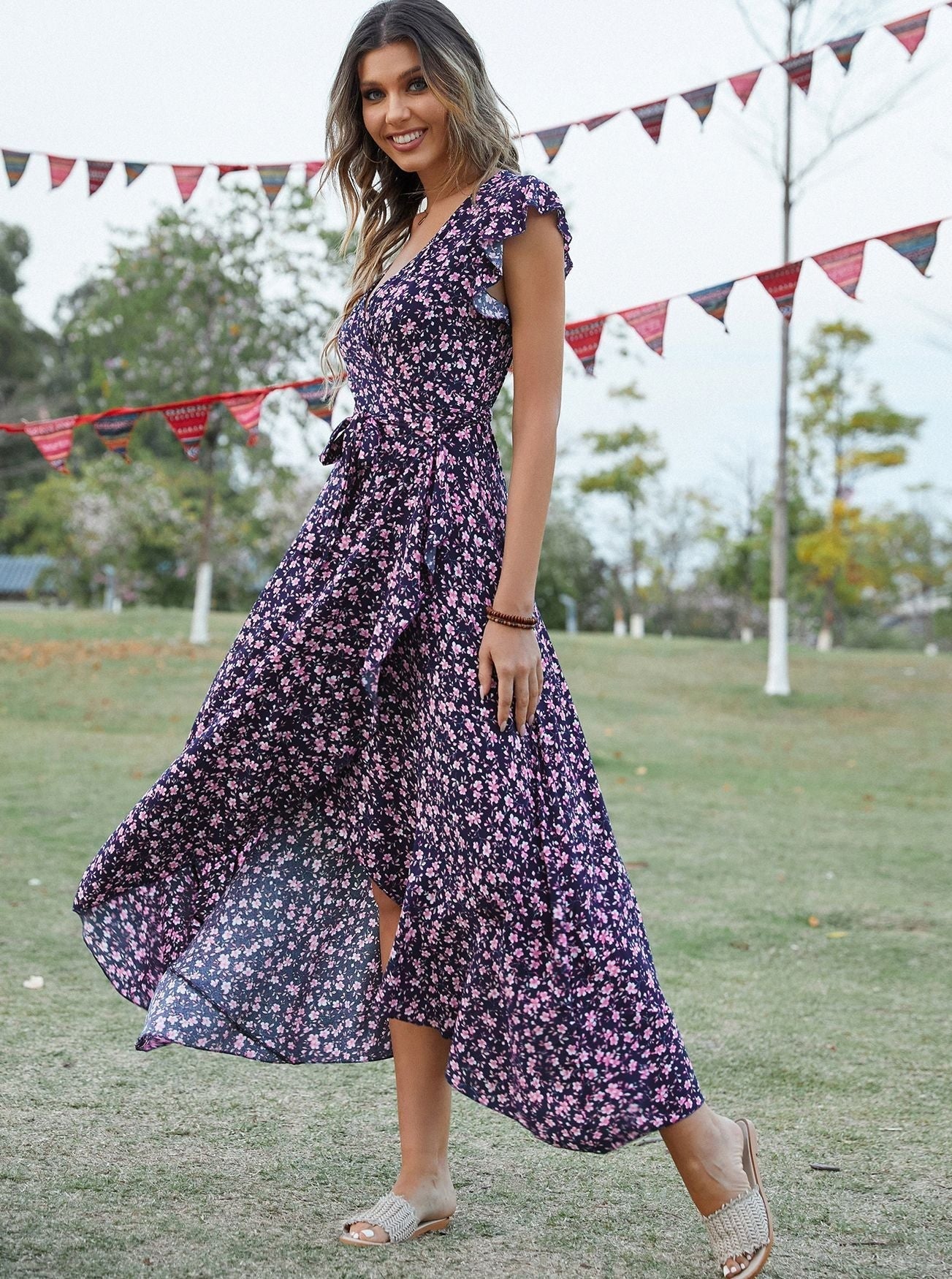 Bohemian Floral Print Vintage Cotton Slit Midi Dress