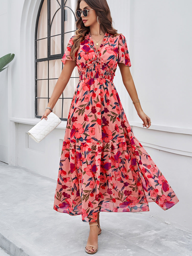 Pink V-Neck Floral Printed Sundress