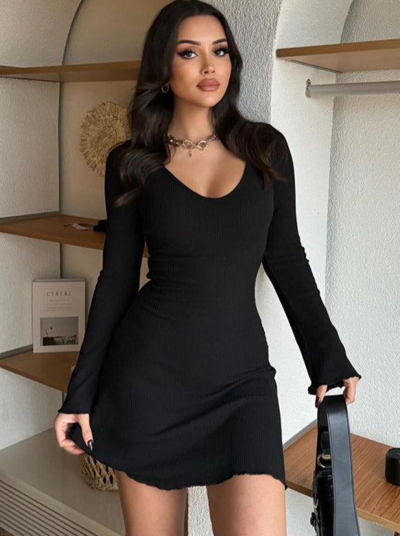 Round Neck Long Sleeve Ribbed High Waist Dress