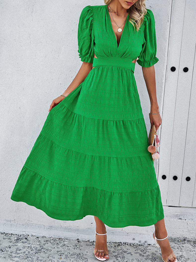 Green V-Neck Tie Waist Layered Dress