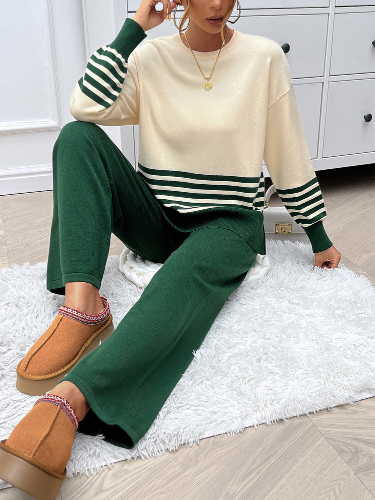 Striped Round Neck Sweater and Trouser Set