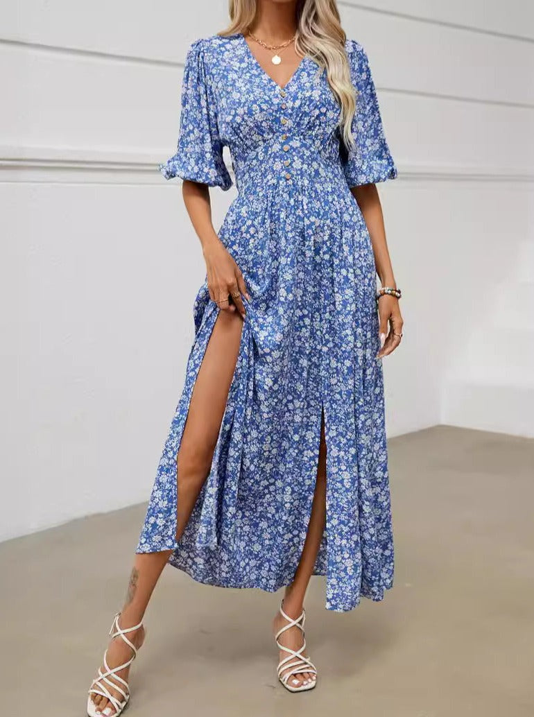 Blue Bohemian V-Neck Lantern Sleeve Waist Dress