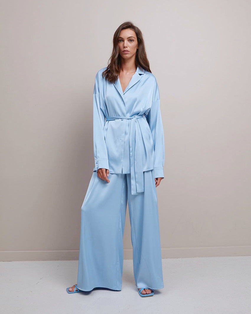 Elegant Two Piece French V-Neck Nightwear Wide Leg Pants