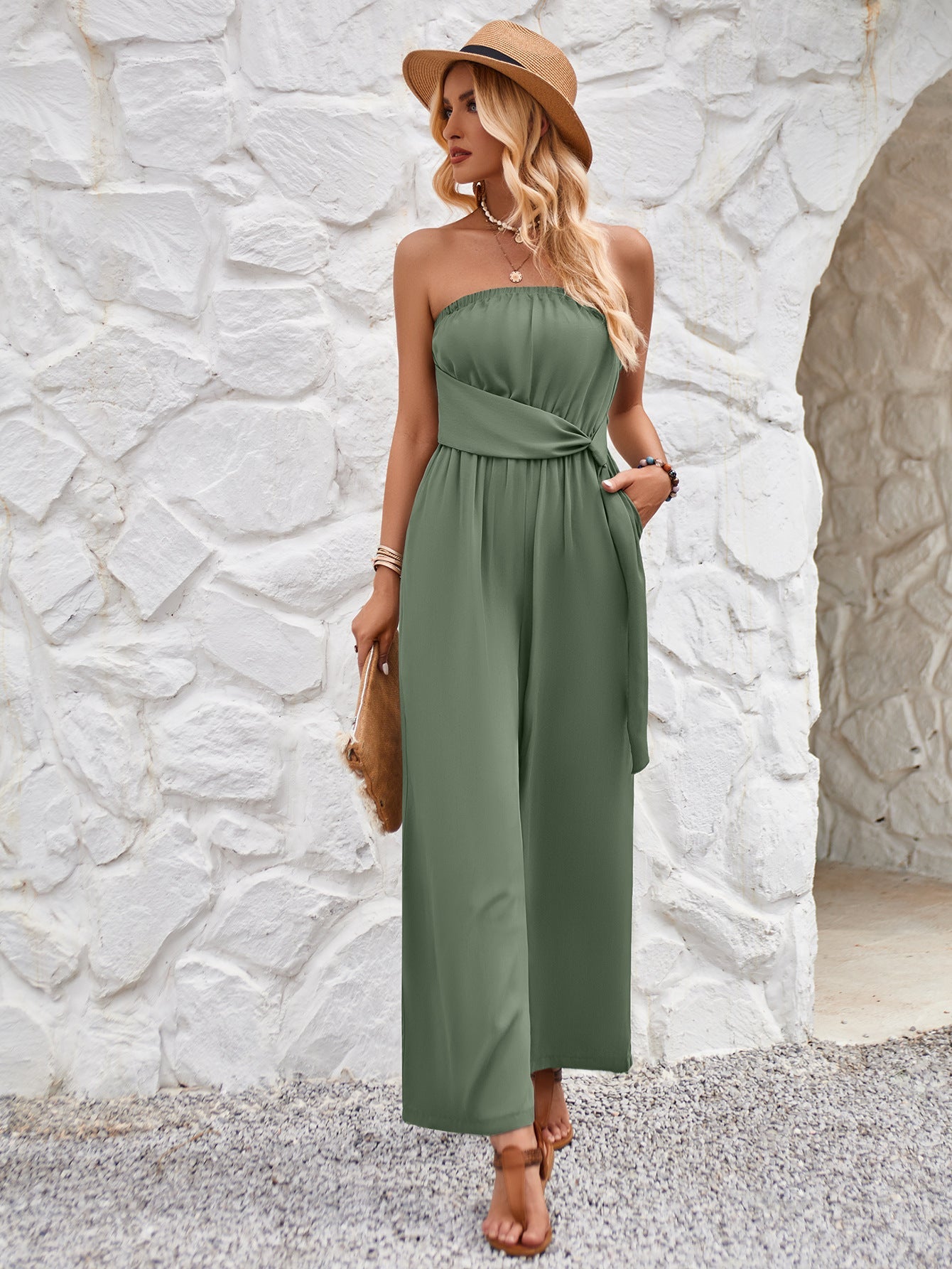 Slim Fit Solid Color Tube Top Jumpsuit