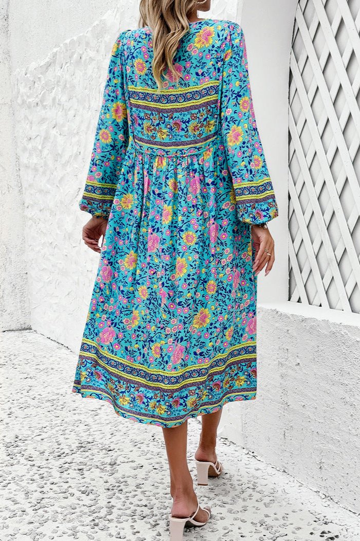 Boho Midikleid Langarm Ethno-Muster Blumenkleid - Lässiges Sommerkleid