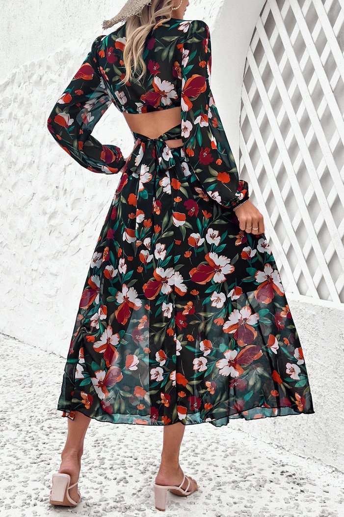 Long Sleeve Deep V-Neck Black Floral Maxi Dress