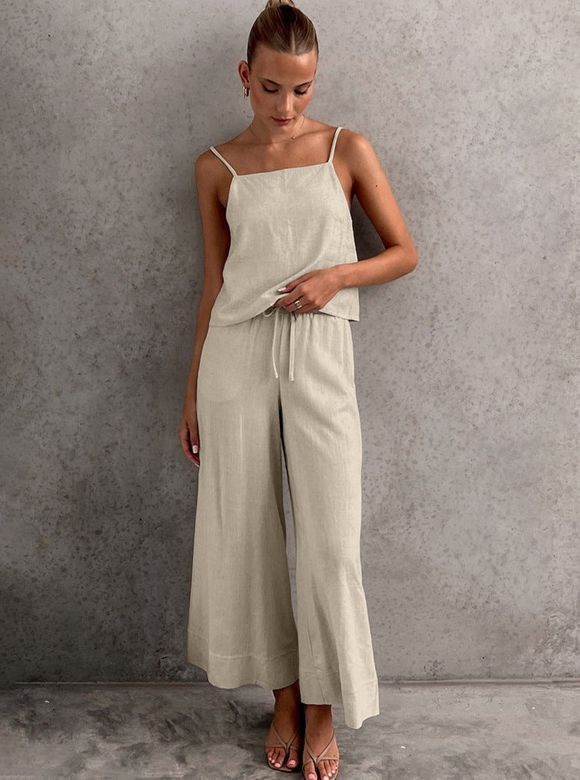 Lace-Up Casual Sleeveless Top Wide Leg Pants Two Piece Set