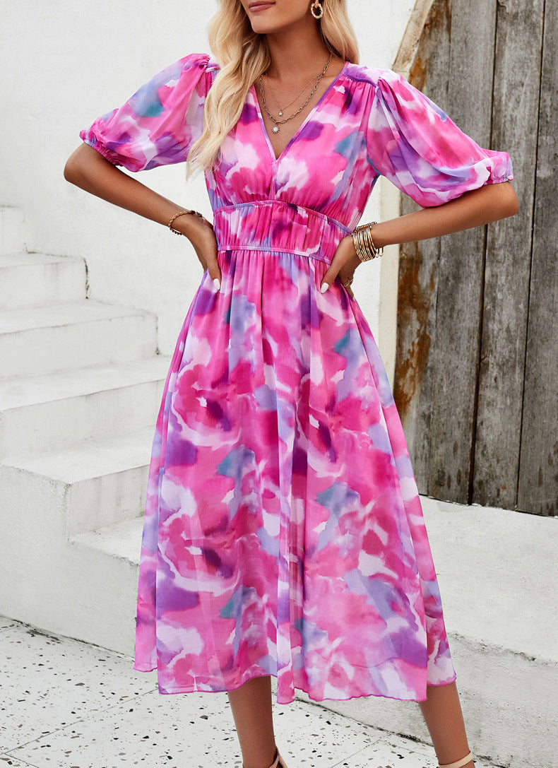 Casual Pink V-Neck Printed High Waist Long Dress