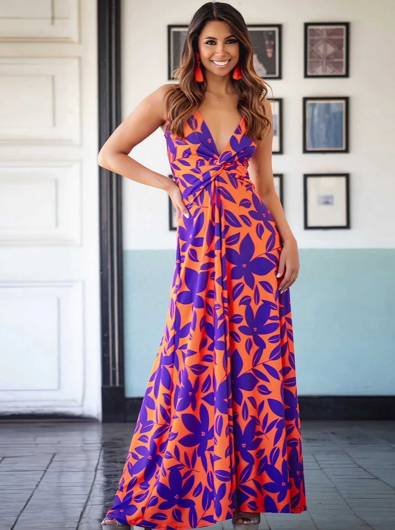 Elegant V-Neck Printed Twisted Chic Long A-Line Dress