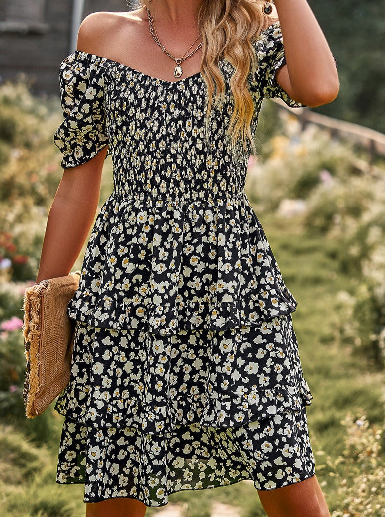 Black V-Neck Off Shoulder Floral Printed Cake Skirt Dress