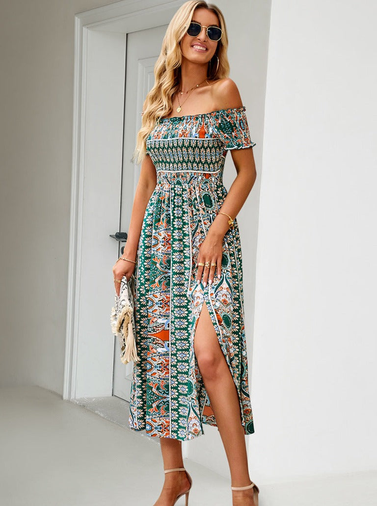 Green Off Shoulder Bohemian Printed Dress