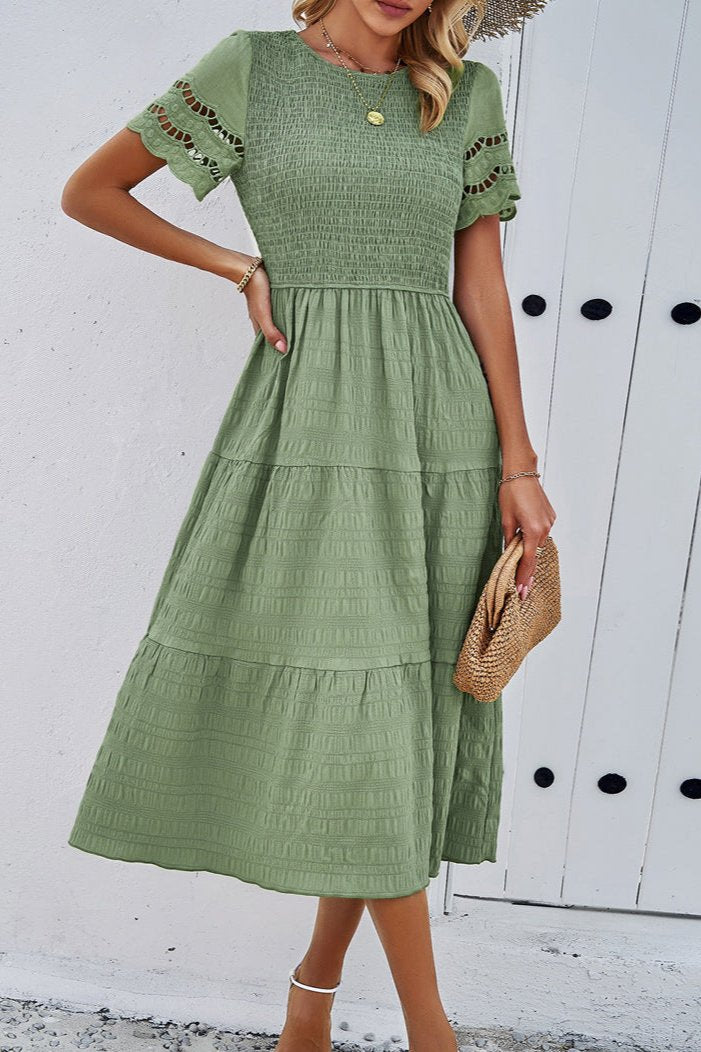 Green Casual Solid Crochet Lace Sleeve A-Line Midi Dress