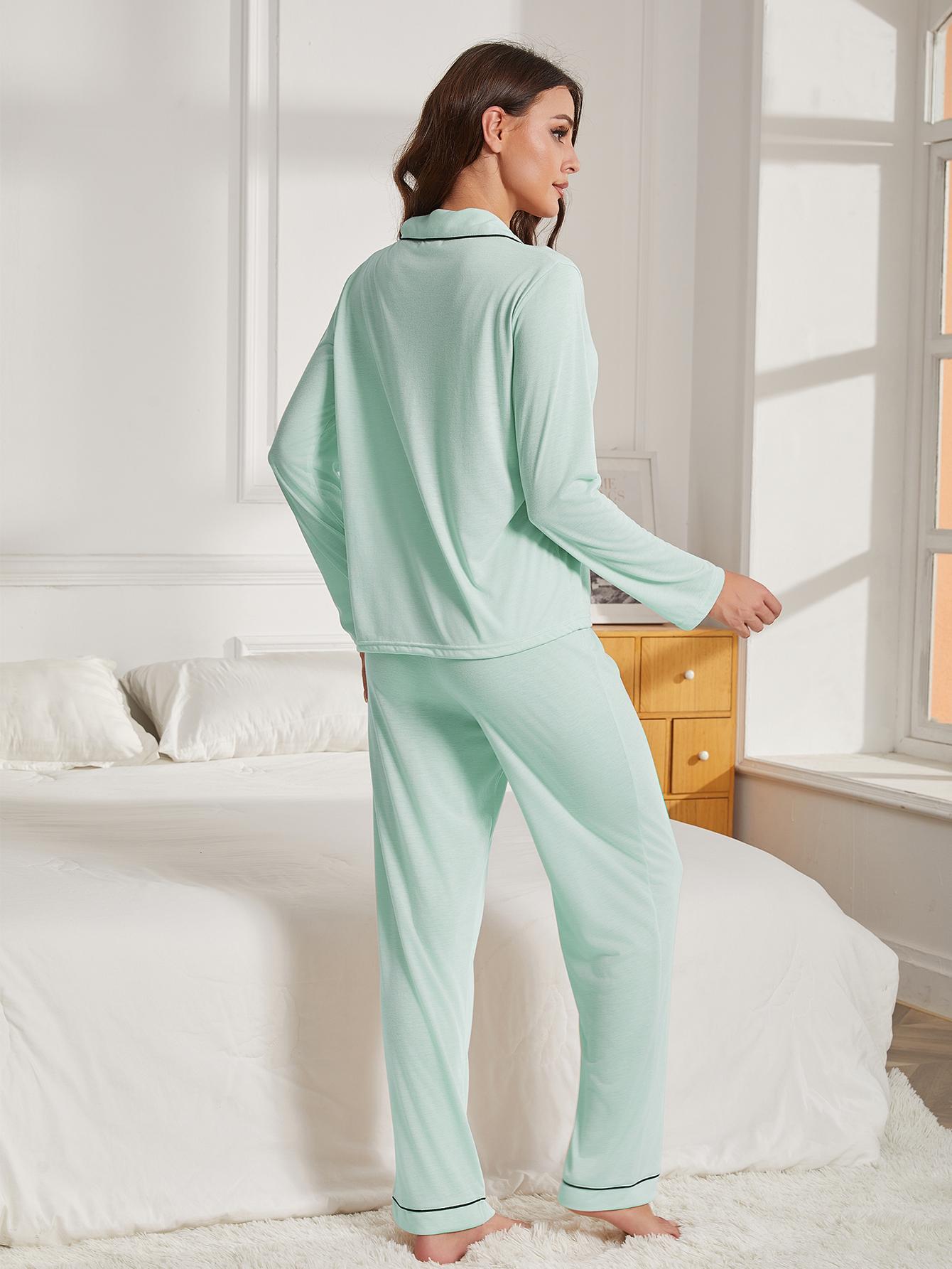 Light Green Casual Soft Collared Pajama Set