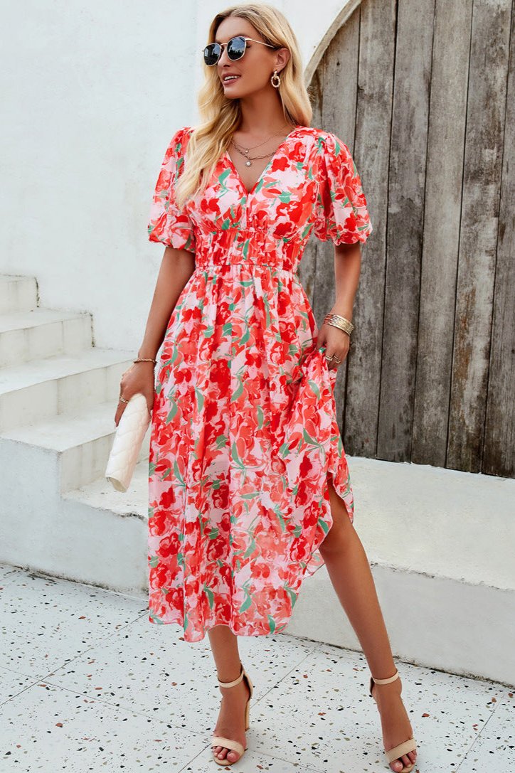 Casual Floral V-Neck Puff Sleeve Midi Dress