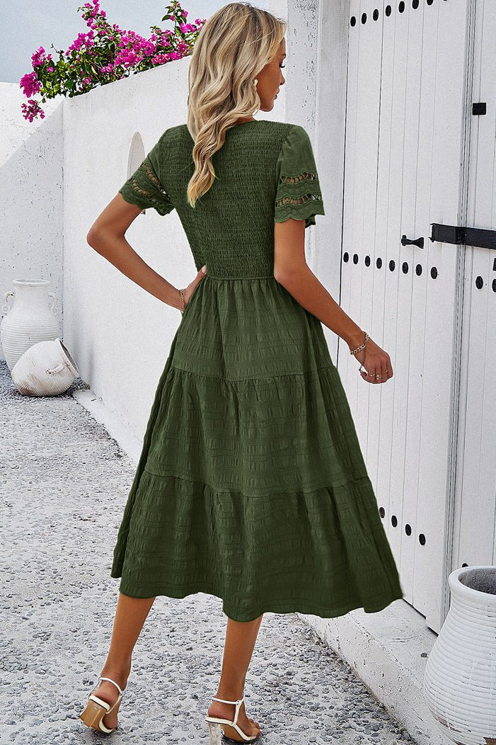 Deep Green Casual Solid Crochet Lace Sleeve A-Line Midi Dress