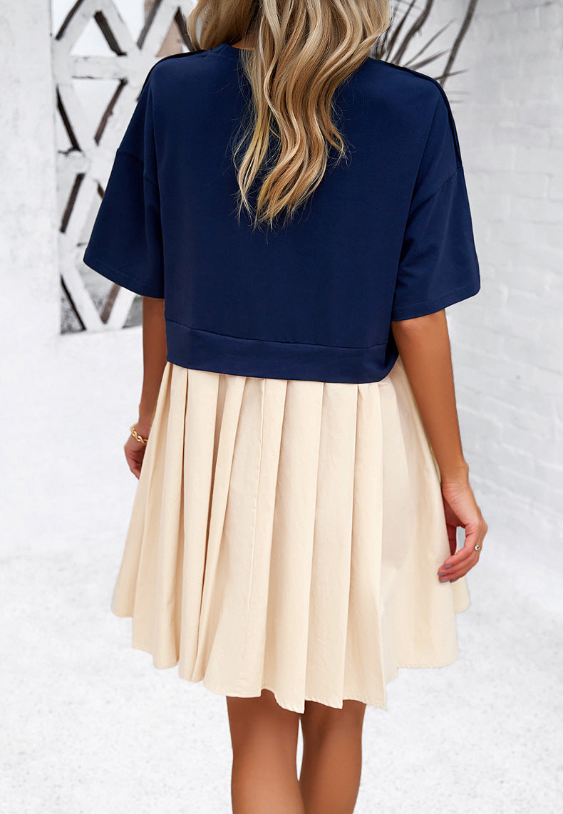 Round Neck Short Sleeve Deep Blue Pleated Dress