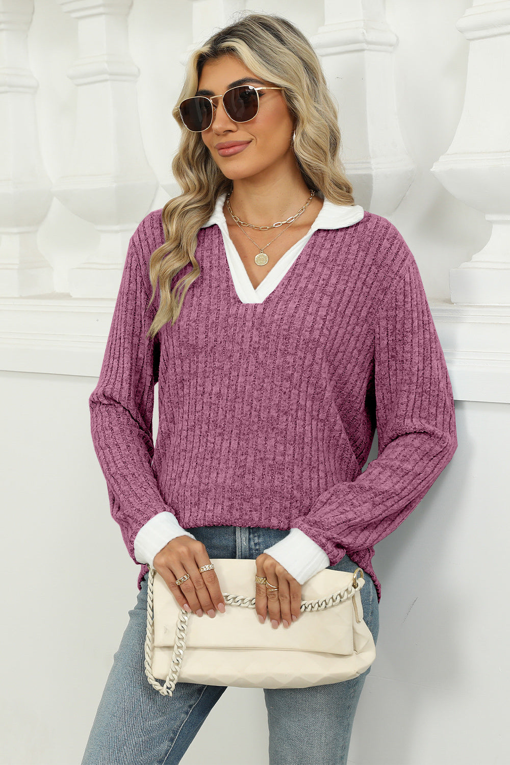 Strickpullover Damen V-Ausschnitt Polo-Kragen – Moderner Freizeit-Look