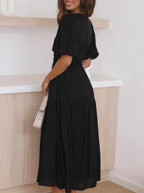 Solid Color Fluff Sleeve V-Neck Pleated Dress