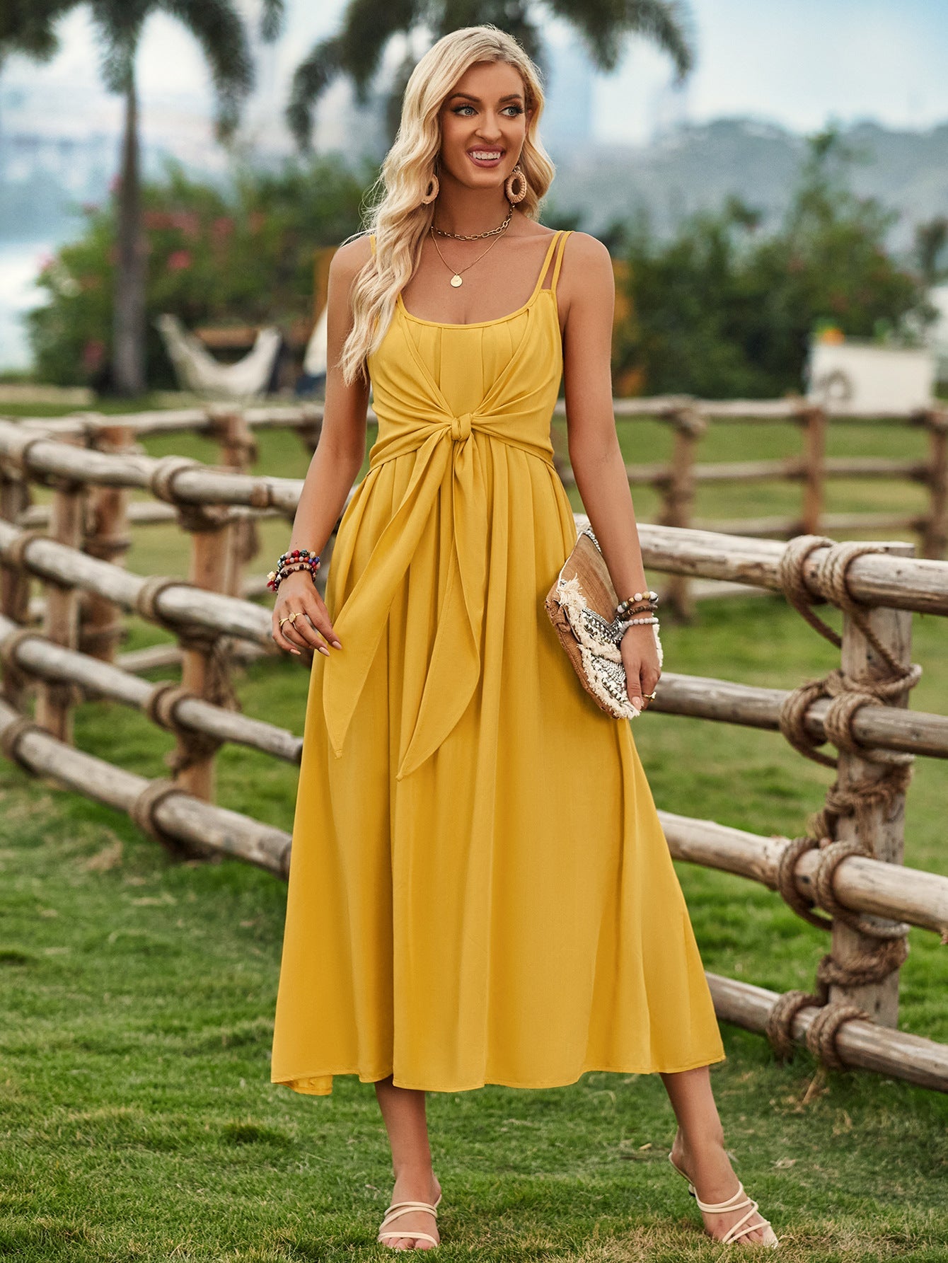 Solid Color Sleeveless Tie Waist Dress