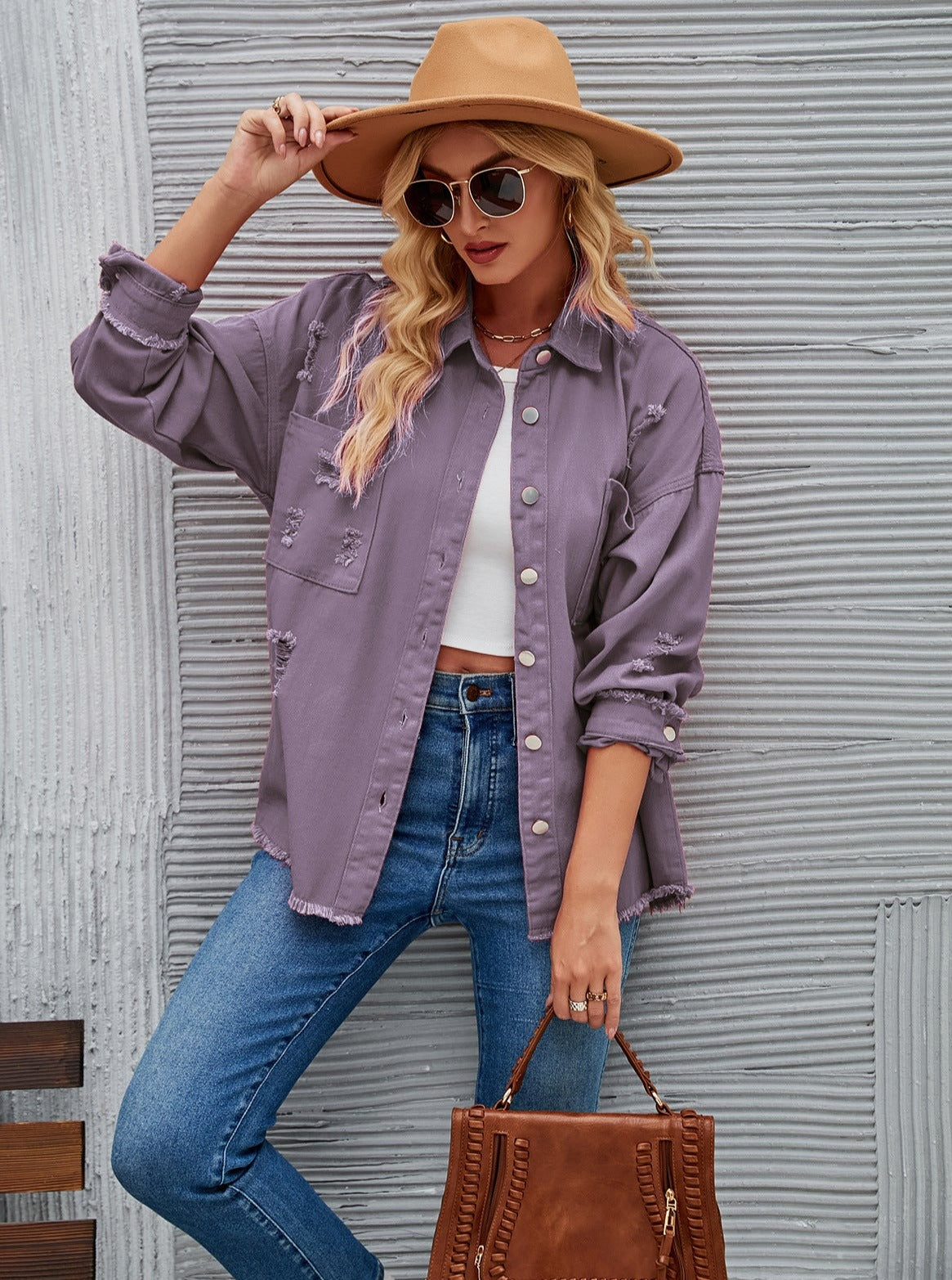 Plain Ripped Holes Denim Long Sleeve Jacket