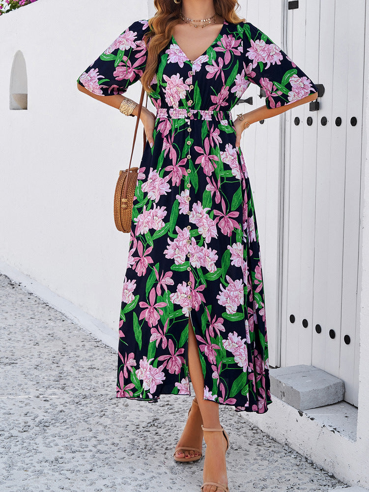 Navy Blue Floral Printed Large Swing Dress